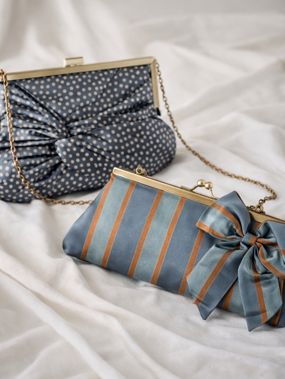Vintage 90s Satin Polka Dot & Striped Clutch Set Blue Teal Copper Evening Bags - Picture 3 of 15
